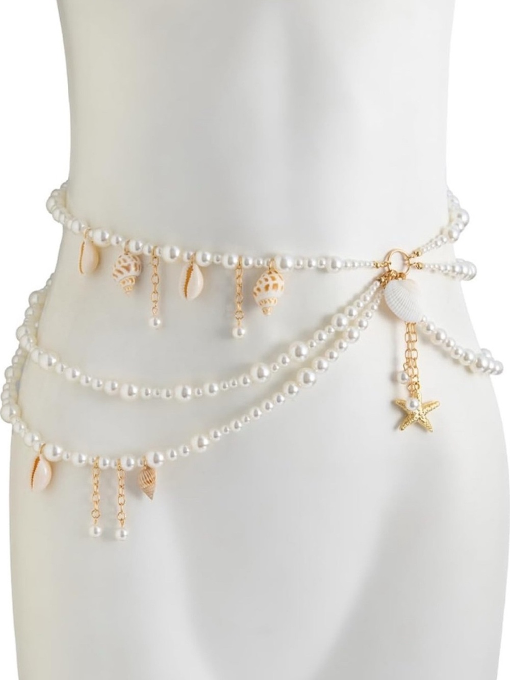 NEW! Coastal Layered Pearl & Shell Beach Waist Chain - White/Gold - Picture 2 of 8